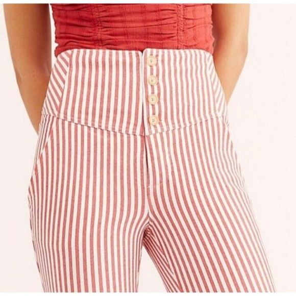 Free‎ People Pants Red White Striped Frankie High Waist Skinny Nautical Size  0 - Picture 3 of 13